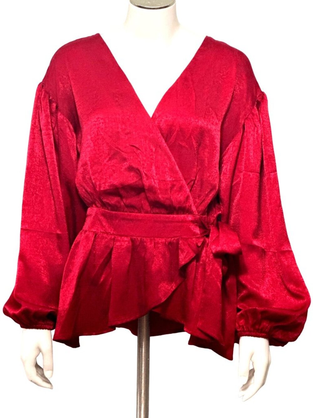 A Calin Size Sm Red Satin Wrap Blouse Peplum Balloon Sleeve Holiday Glamcore Top - Picture 2 of 10